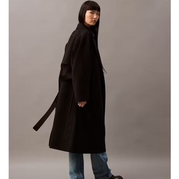 CALVIN KLEIN Wool Blend Wrap Coat Black Sz L NWT $669 - Picture 3 of 6